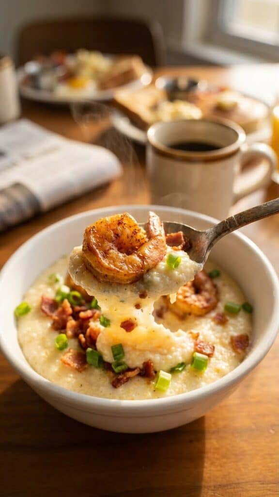 A close-up of a spoon lifting a bite of creamy grits and a Cajun shrimp from a bowl.