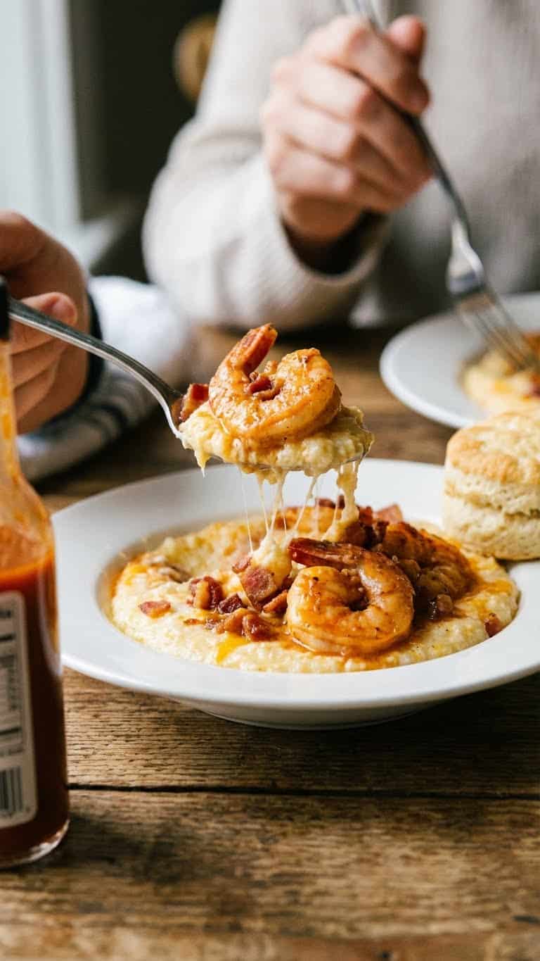 A top-down view inside a slow cooker filled with creamy cheese grits topped with cajun shrimp, bacon, and green onions, with steam rising.