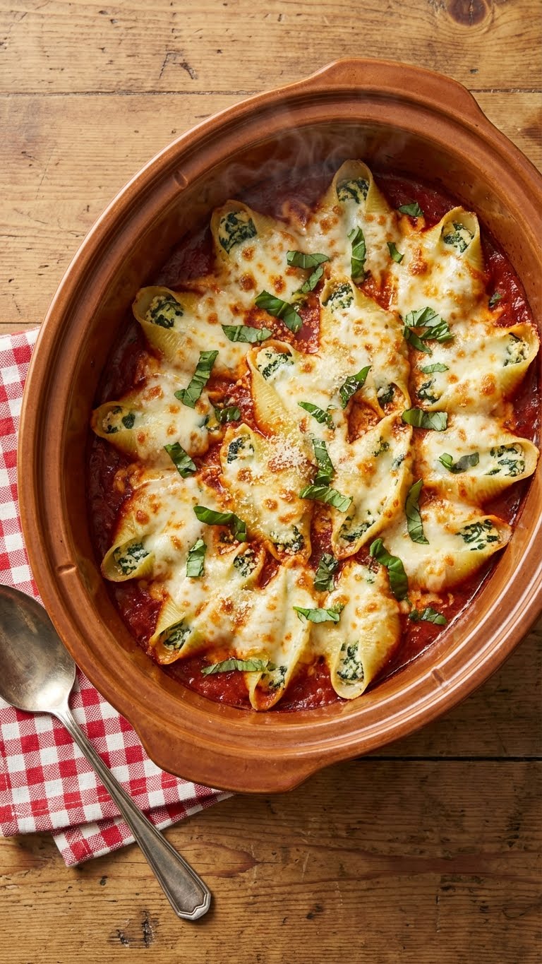 A top-down view inside a slow cooker filled with jumbo pasta shells stuffed with ricotta and spinach, covered in melted cheese and marinara sauce, with steam rising.