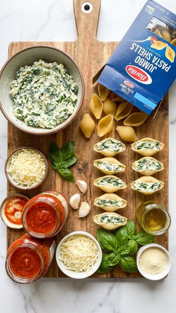 A flat lay showing a bowl of spinach-ricotta filling, raw uncooked pasta shells, jars of marinara sauce, and shredded cheese on a wooden board.