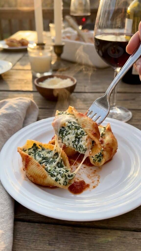 A close-up of a fork lifting a cheesy spinach and ricotta stuffed shell, revealing the creamy filling and red sauce.