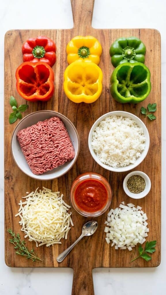 A flat lay showing hollowed-out bell peppers, ground beef, rice, marinara sauce, cheese, and spices on a cutting board.
