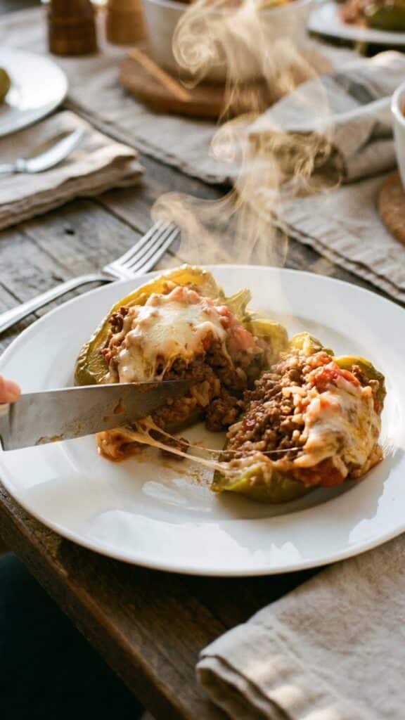 A close-up of a knife cutting into a cooked stuffed pepper, revealing the steaming beef and rice filling.