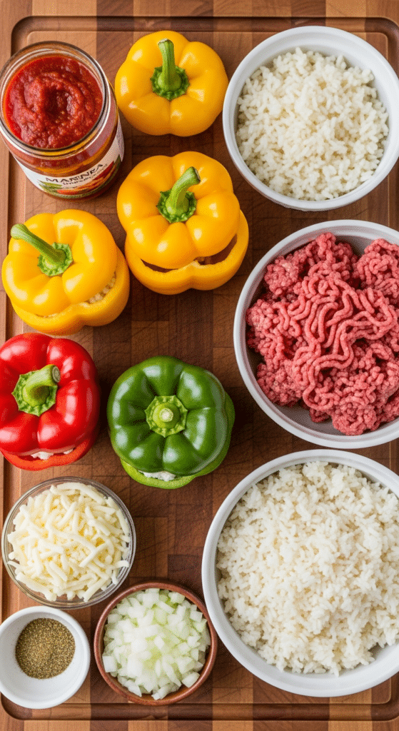 A flat lay showing hollowed-out bell peppers, ground beef, rice, marinara sauce, cheese, and spices on a cutting board.