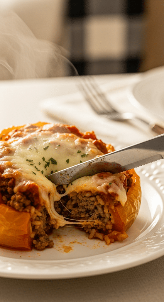 A close-up of a knife cutting into a cooked stuffed pepper, revealing the steaming beef and rice filling.