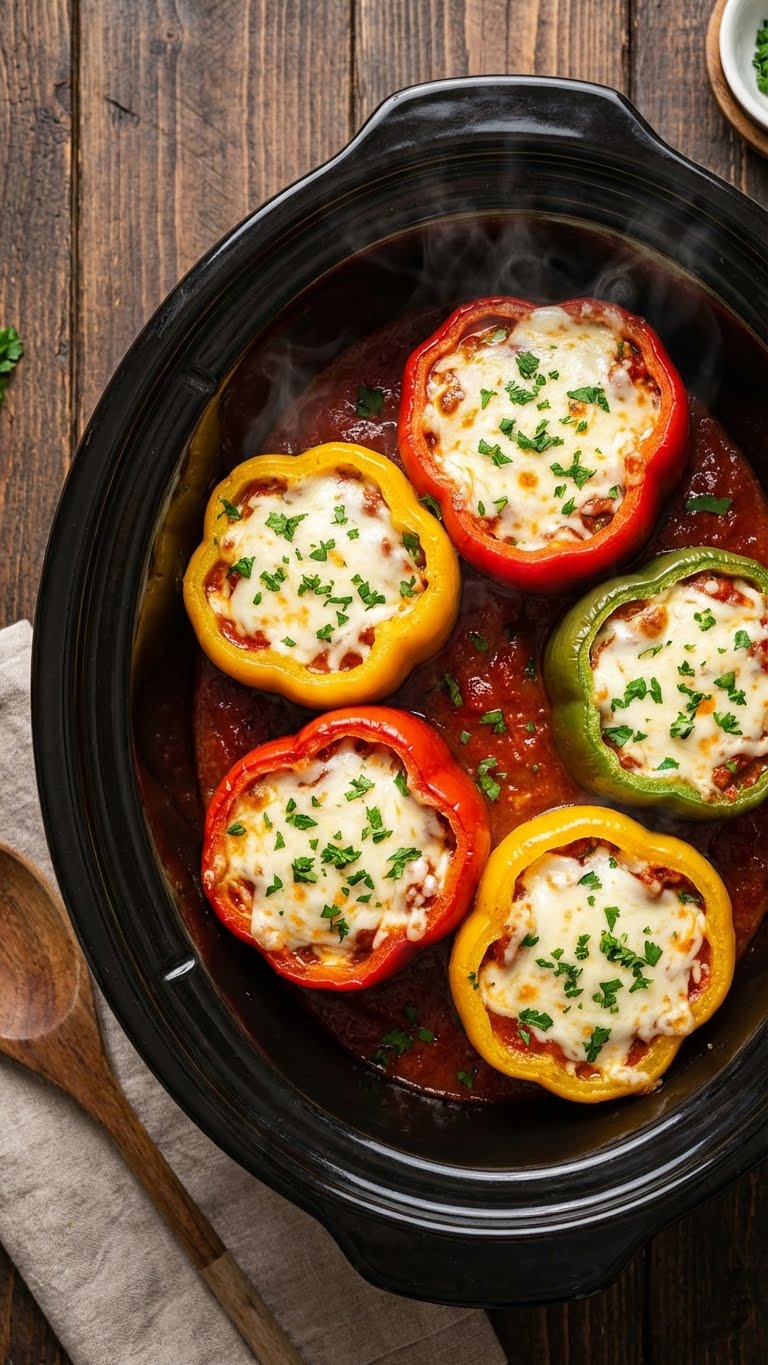A top-down view inside a slow cooker filled with red, yellow, and green stuffed peppers topped with melted cheese in tomato sauce.