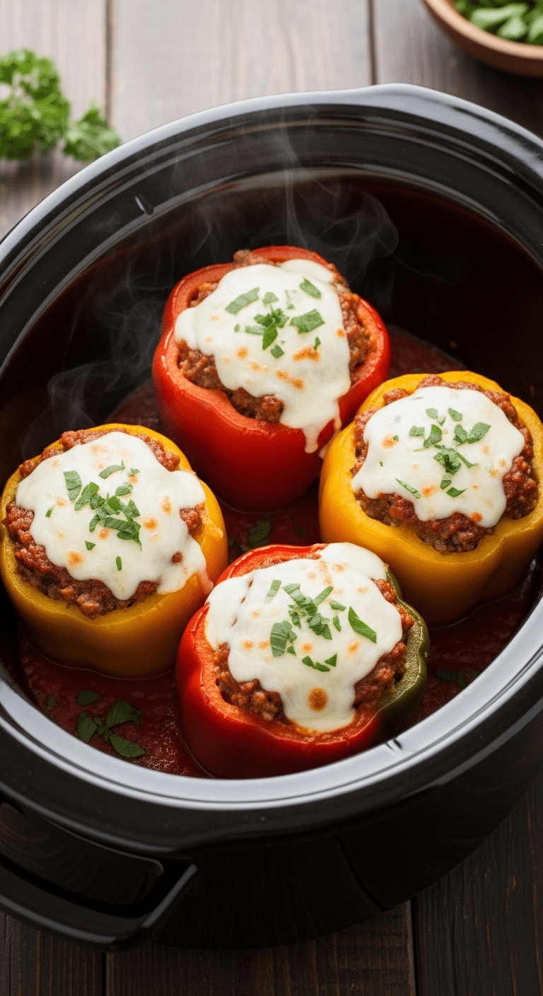 A top-down view inside a slow cooker filled with red, yellow, and green stuffed peppers topped with melted cheese in tomato sauce.