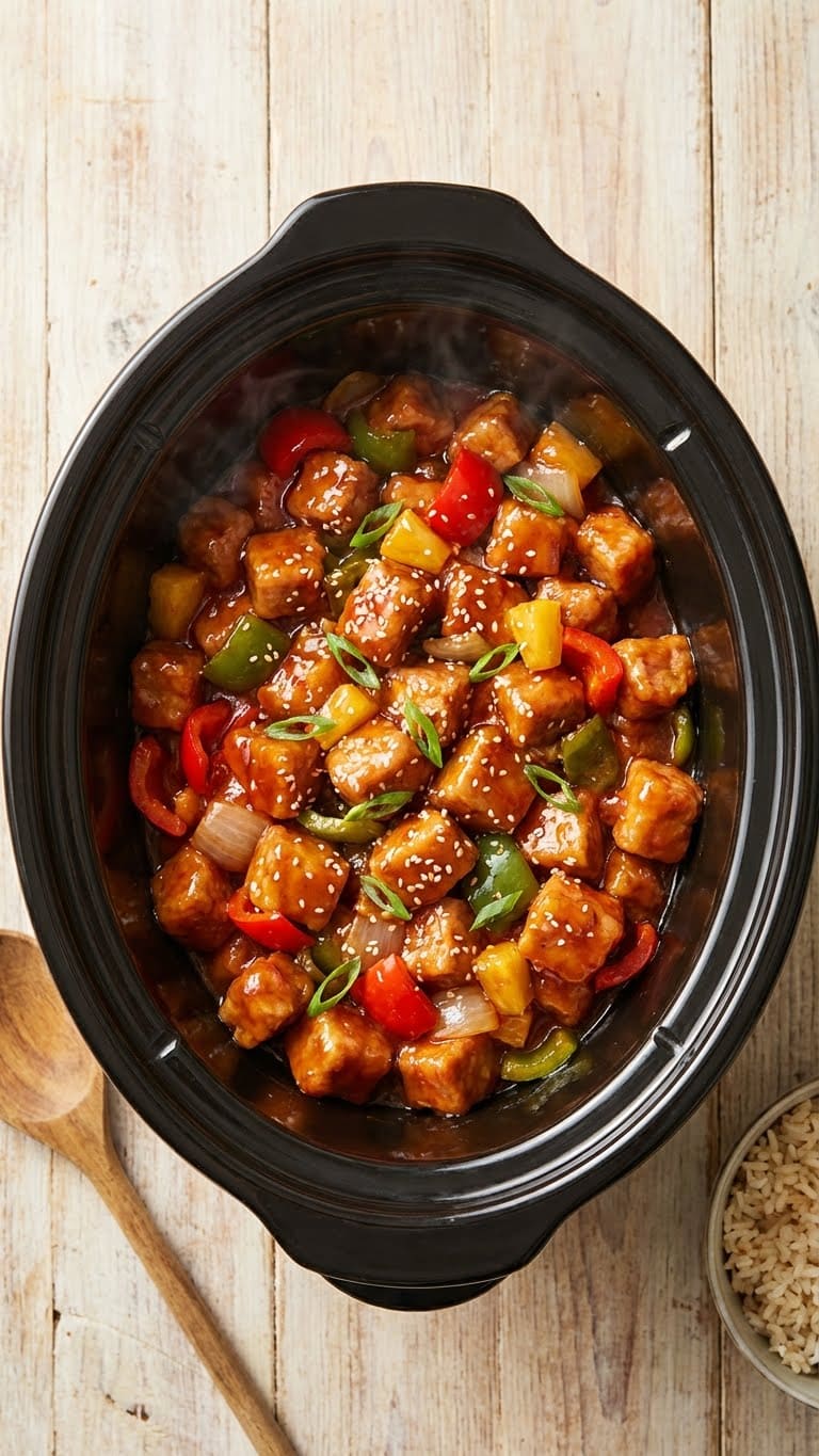 A top-down view inside a slow cooker filled with tender sweet and sour pork pieces, bell peppers, and pineapple in a glossy sauce
