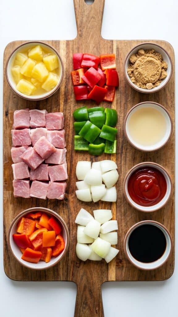 A flat lay showing raw pork cubes, colorful bell peppers, onions, pineapple, and sauce ingredients like brown sugar and vinegar on a wooden board.