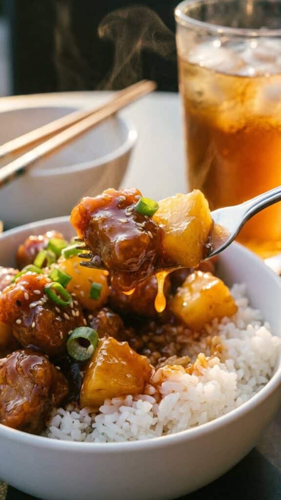 A close-up of a fork lifting a piece of glossy sweet and sour pork and pineapple over a bowl of rice.