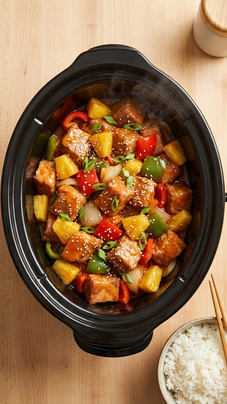 A top-down view inside a slow cooker filled with tender pork, pineapple, and peppers in a glossy sweet and sour sauce, garnished with sesame seeds.