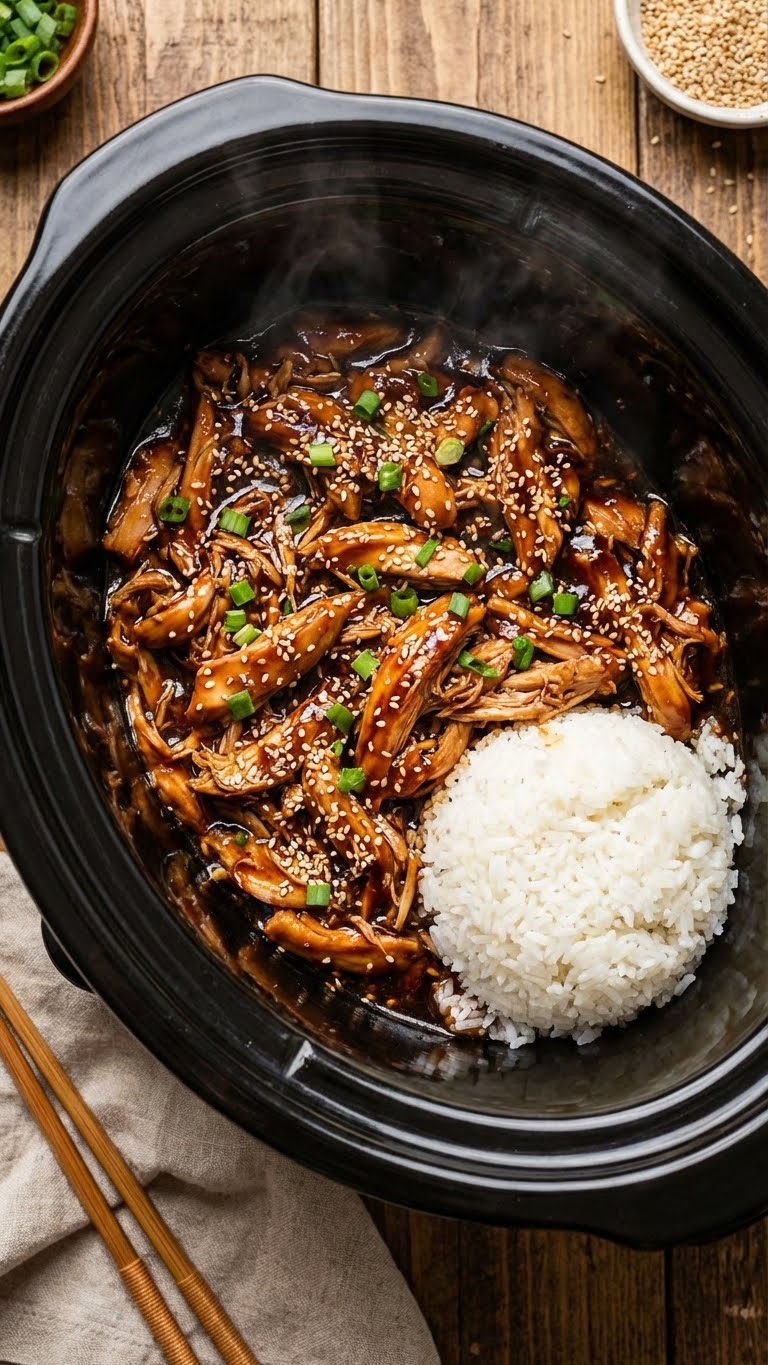 A top-down view inside a slow cooker filled with shredded chicken in a glossy teriyaki sauce, garnished with sesame seeds and green onions