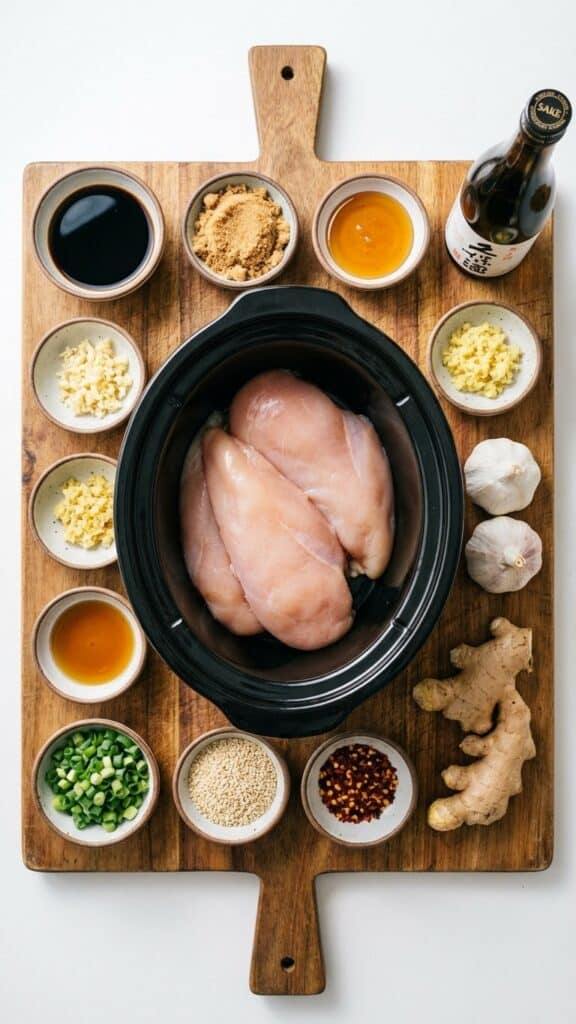 A flat lay showing raw chicken inside a slow cooker, surrounded by bowls of soy sauce, sugar, honey, garlic, and ginger.