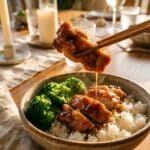 A close-up of chopsticks lifting a piece of glossy teriyaki chicken from a rice bowl with broccoli.