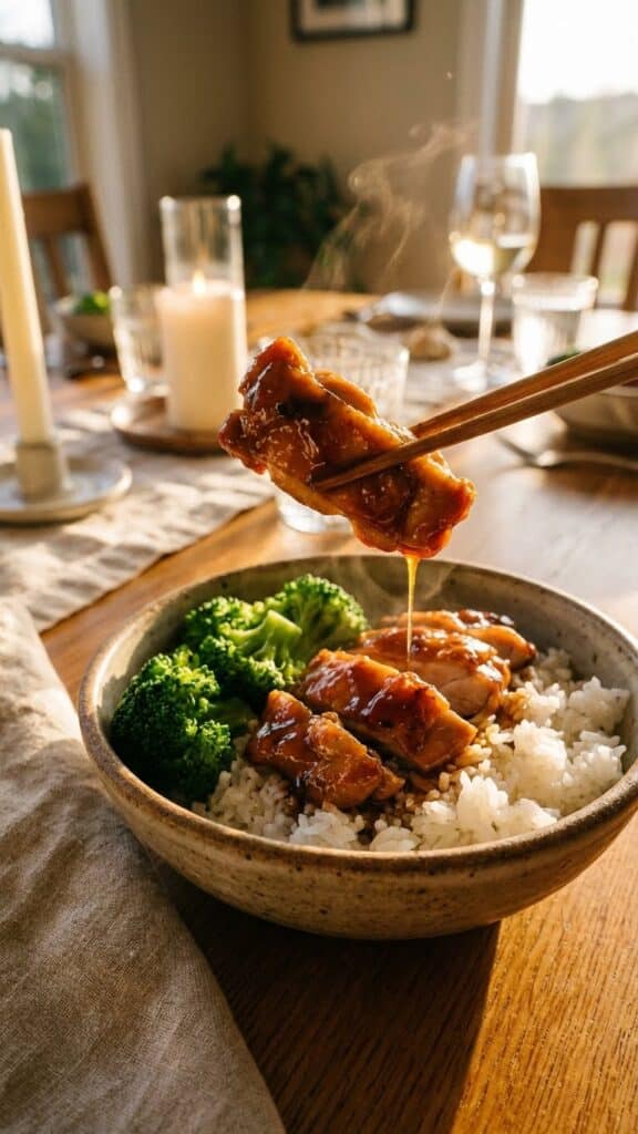A close-up of chopsticks lifting a piece of glossy teriyaki chicken from a rice bowl with broccoli.