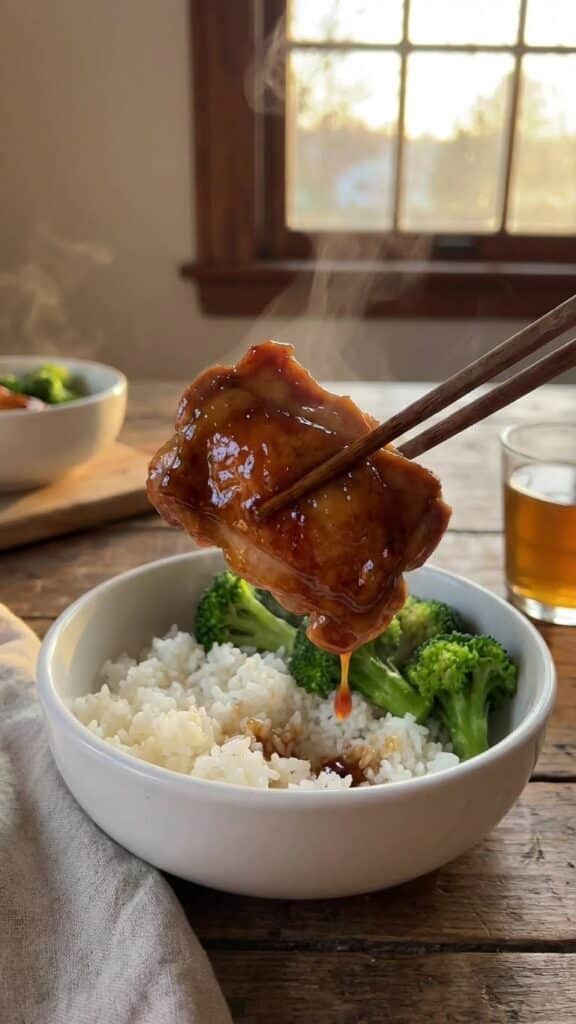 A close-up of chopsticks lifting a piece of glossy teriyaki chicken from a bowl of rice and broccoli.