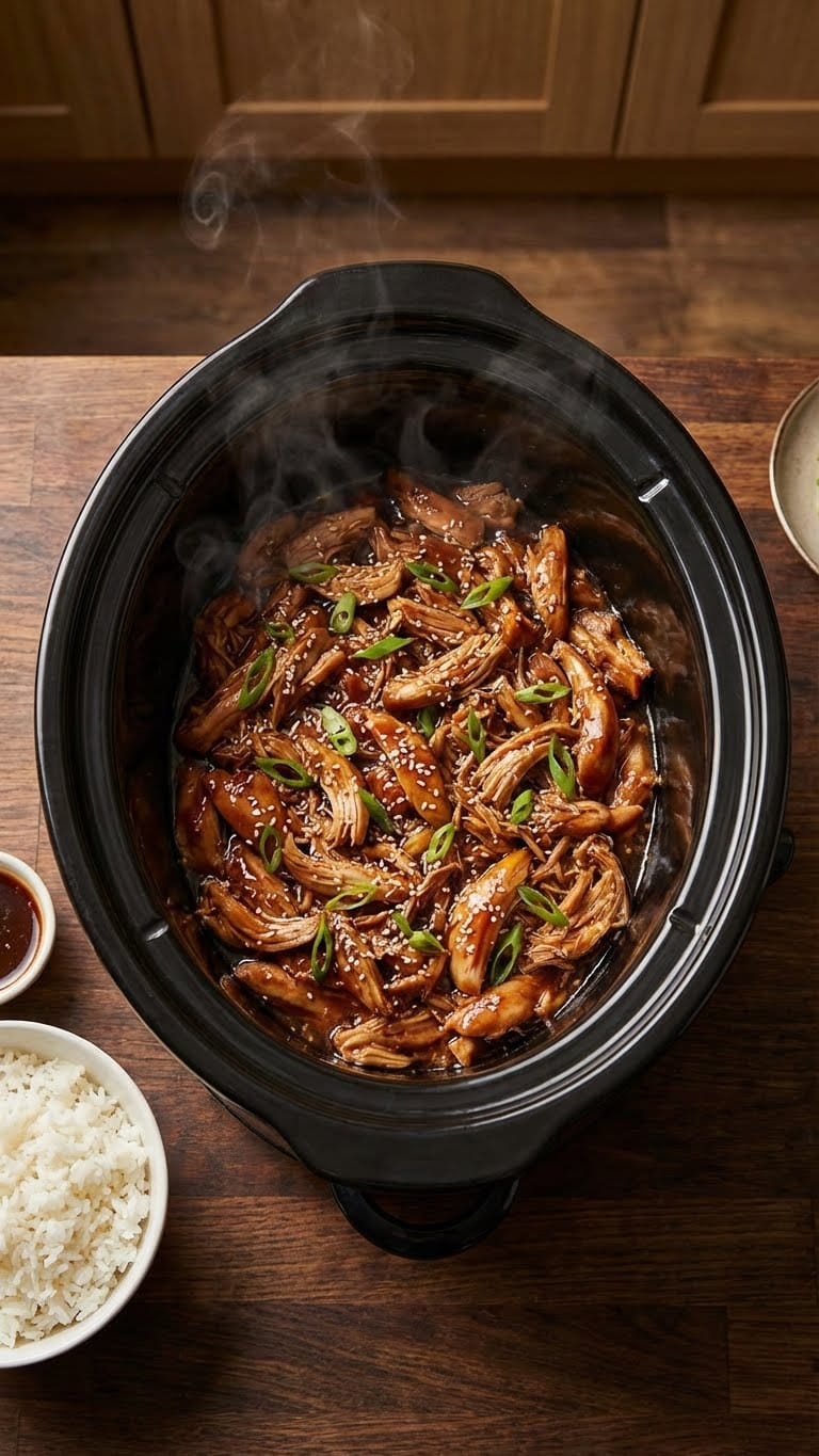 A top-down view inside a slow cooker filled with tender, shredded chicken coated in a glossy dark teriyaki sauce, garnished with sesame seeds and green onions.
