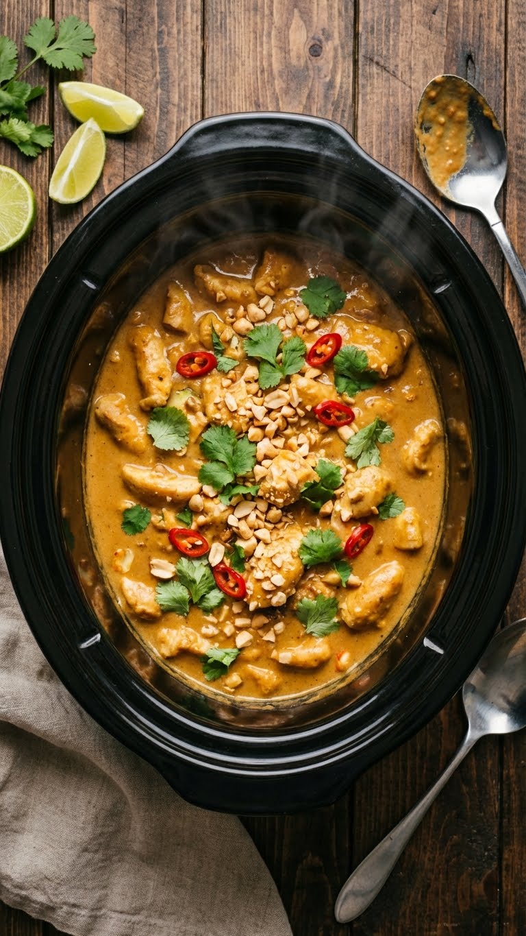 A top-down view inside a slow cooker filled with creamy Thai peanut chicken garnished with peanuts and cilantro.