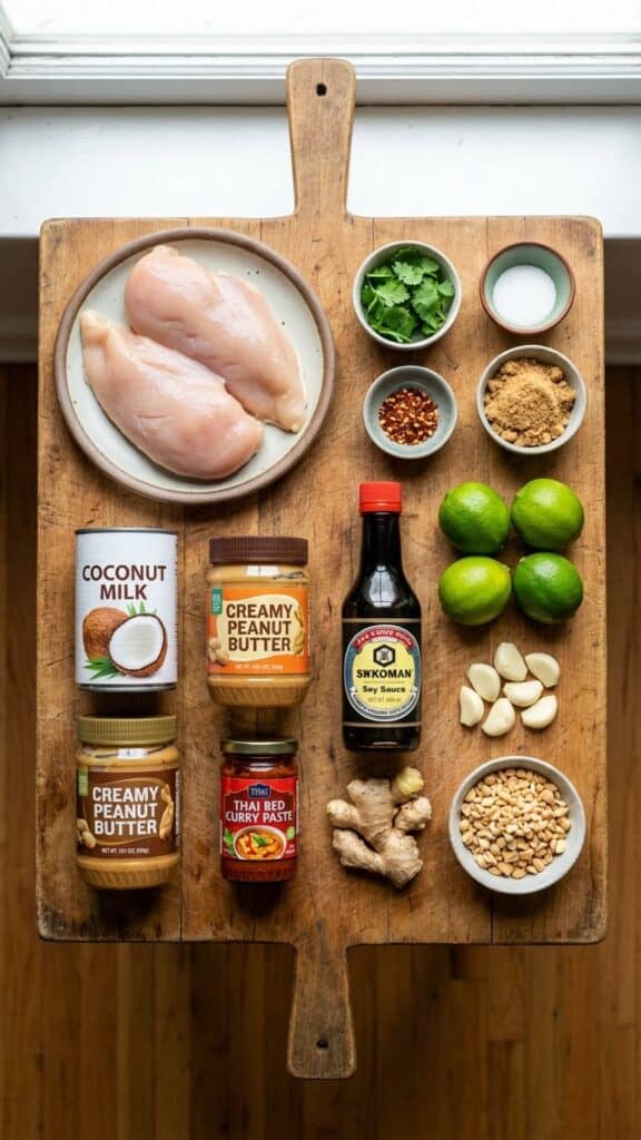 A flat lay showing raw chicken, coconut milk, peanut butter, red curry paste, and aromatics on a wooden board.