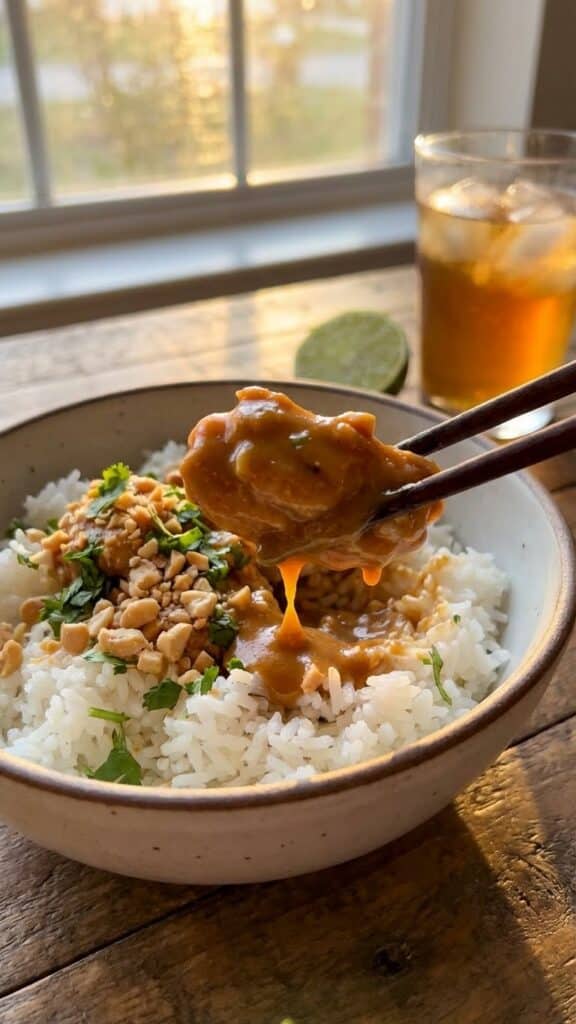 A close-up of chopsticks lifting a piece of saucy peanut chicken from a rice bowl.