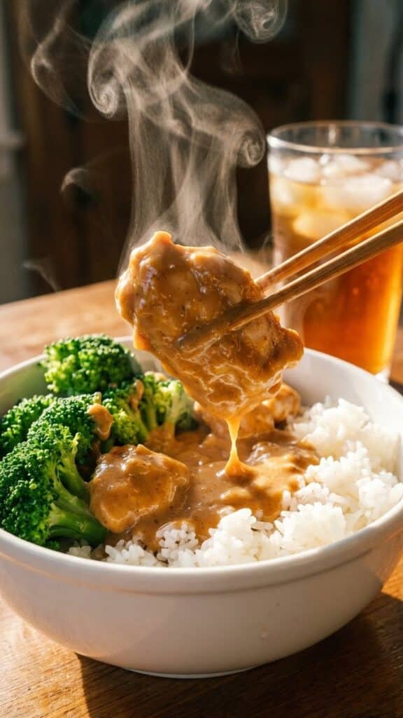 A close-up of chopsticks lifting a piece of saucy peanut chicken from a bowl of rice and broccoli.