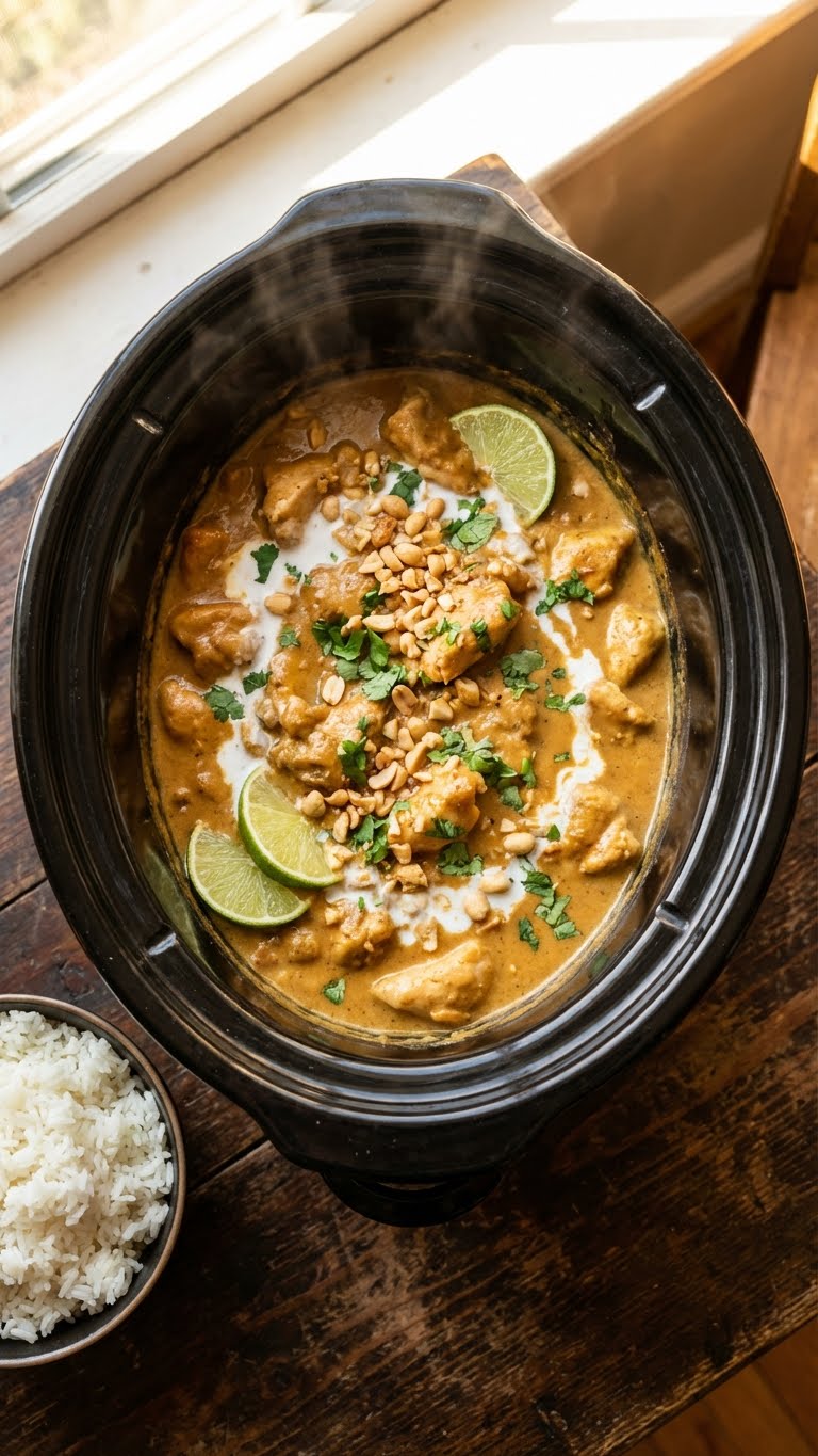 A top-down view inside a slow cooker filled with chicken in a creamy peanut sauce, garnished with crushed peanuts, cilantro, and lime.