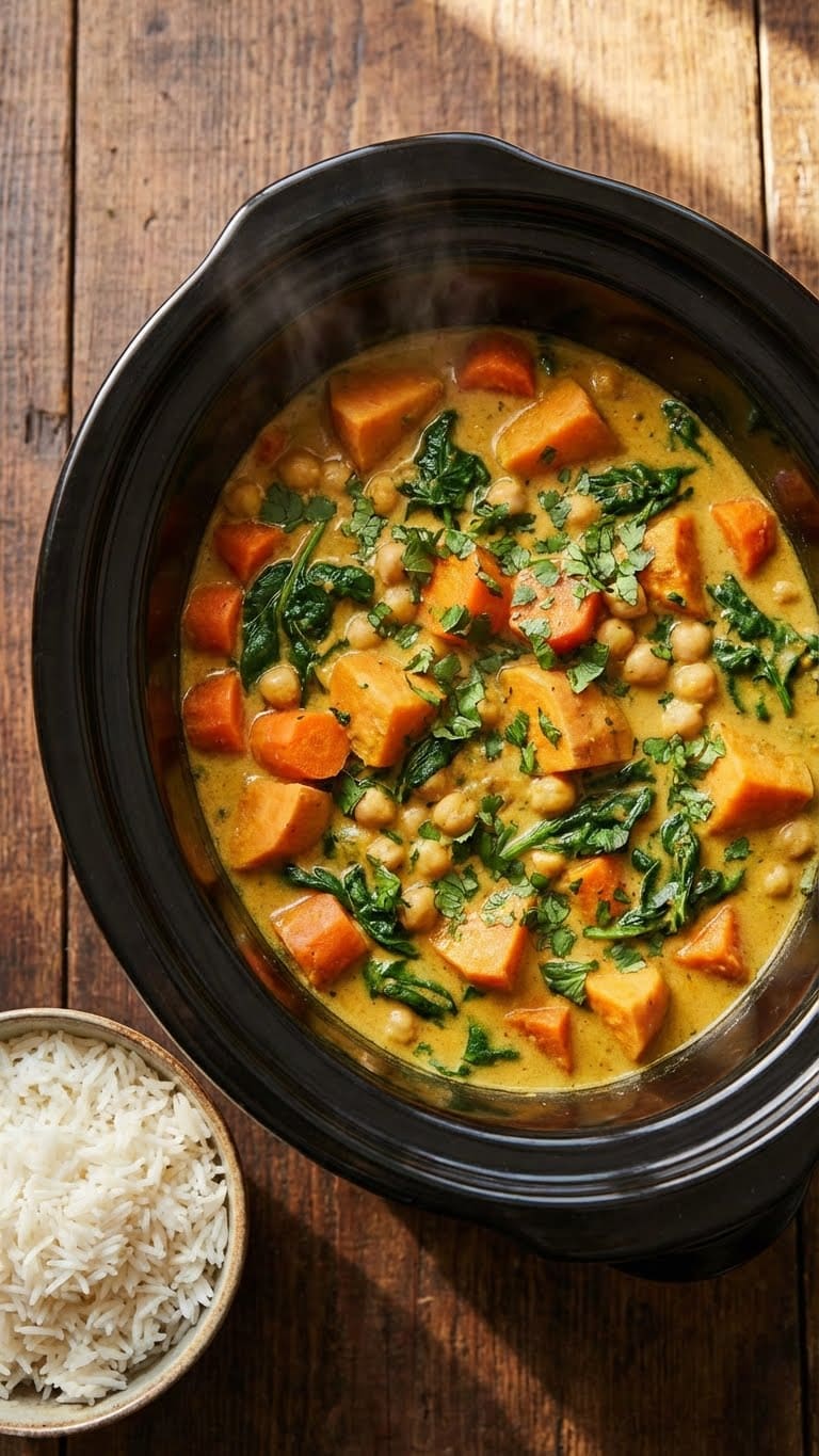 A top-down view inside a slow cooker filled with creamy coconut vegetable curry containing sweet potatoes, carrots, chickpeas, and spinach, garnished with cilantro.