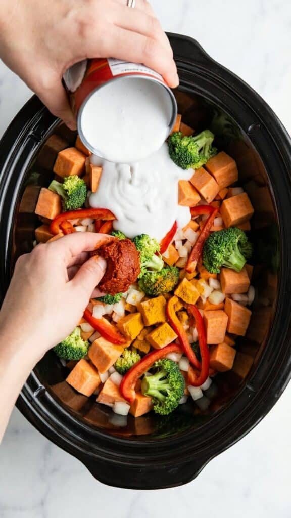 A flat lay showing raw, colorful vegetables like sweet potatoes and broccoli in a slow cooker, with coconut milk and curry spices being poured over them.