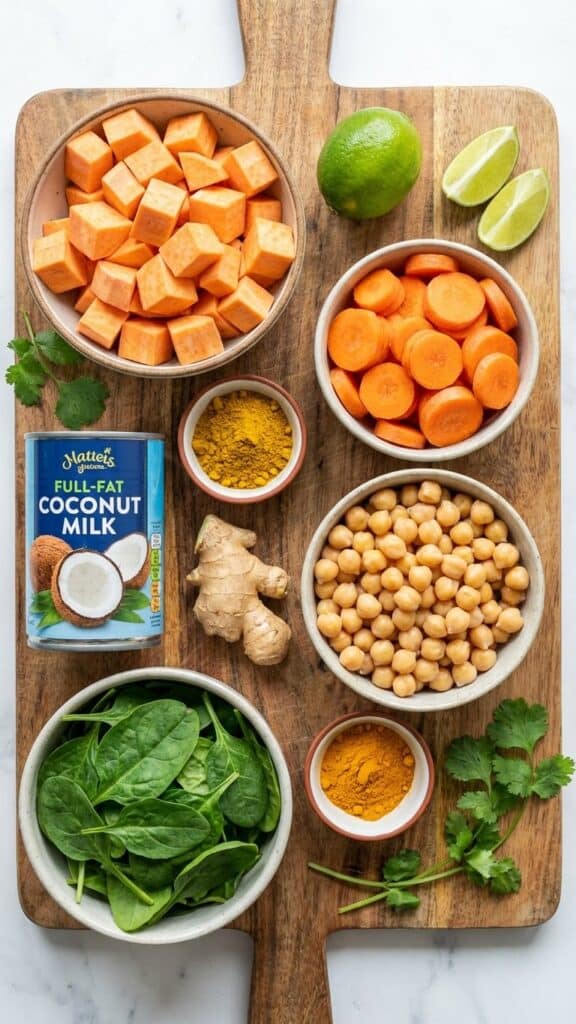 A flat lay showing raw sweet potatoes, carrots, chickpeas, coconut milk, spinach, curry spices, and lime on a wooden board.
