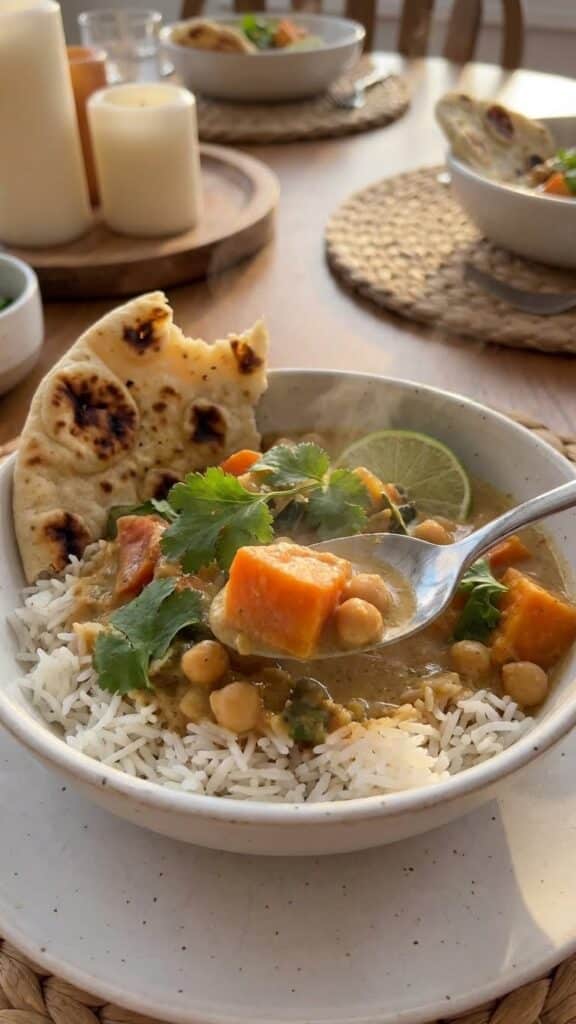 A close-up of a bowl of vegetable curry over rice with a spoon lifting a bite, served with naan bread.