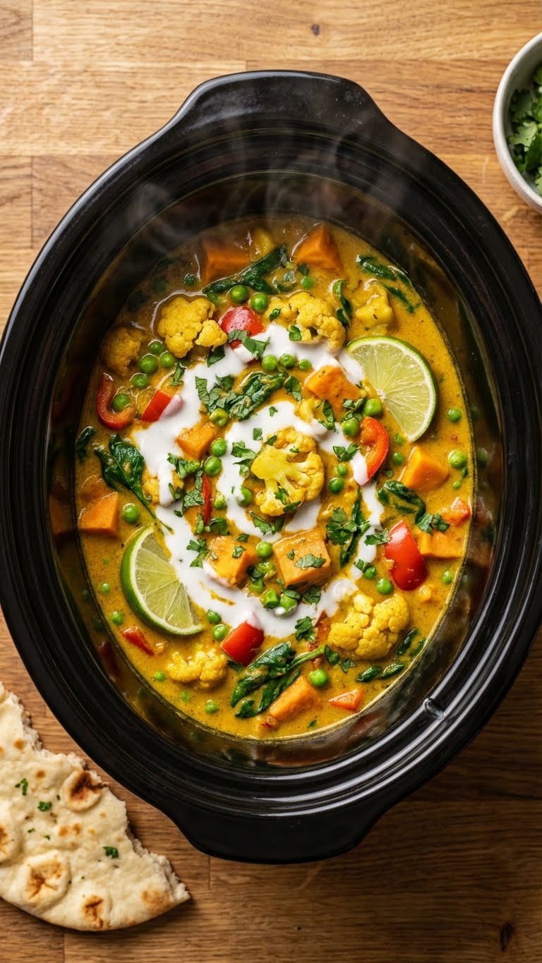 A top-down view inside a slow cooker filled with a creamy, golden-yellow vegetable curry loaded with sweet potatoes, cauliflower, and peas, garnished with cilantro and lime.