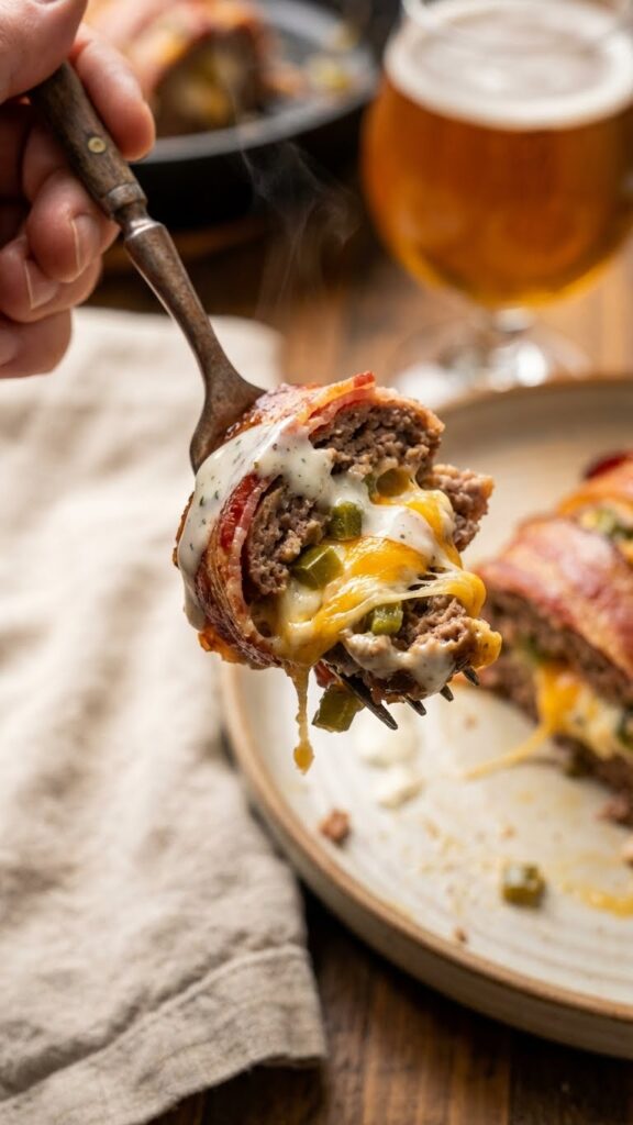 A close-up POV shot of a fork lifting a cheesy, saucy bite of jalapeño popper meatloaf drizzled with ranch.