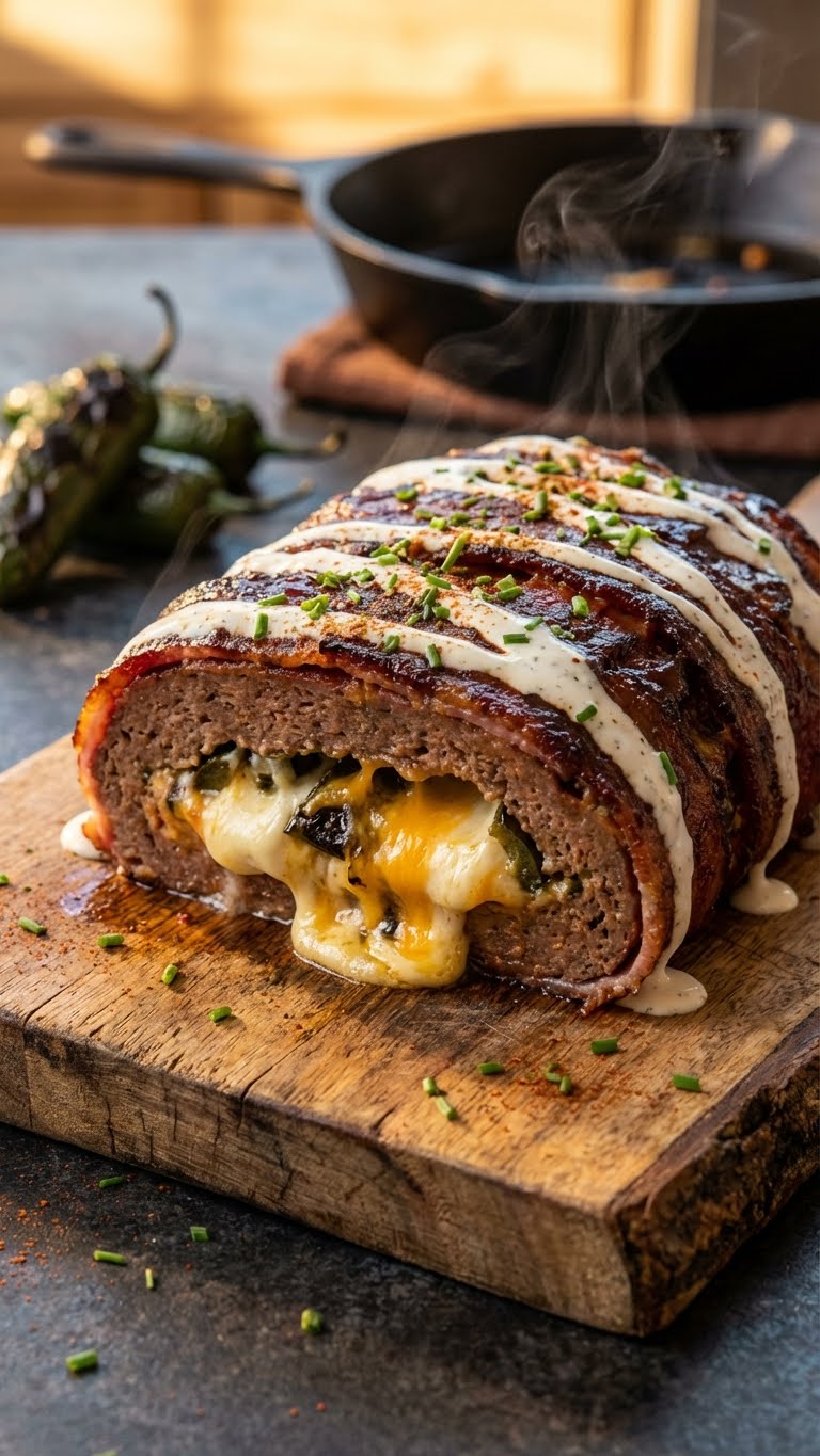 A thick slice of bacon-wrapped meatloaf on a wooden board, cut open to show melted cheese and jalapeño stuffing, drizzled with ranch dressing.