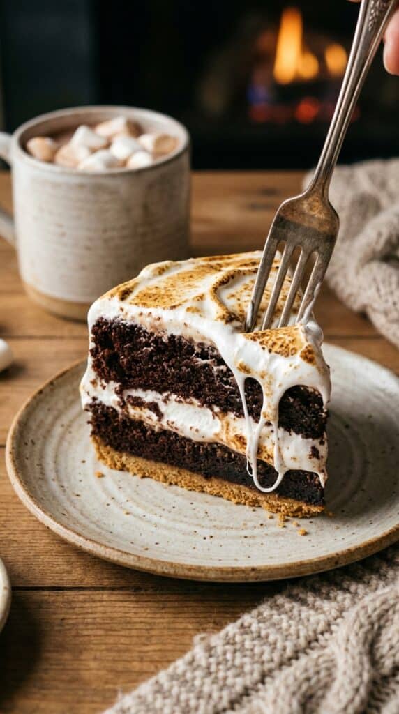 A close-up of a slice of s'mores cake showing the chocolate layers, graham crust, and gooey toasted marshmallow frosting.