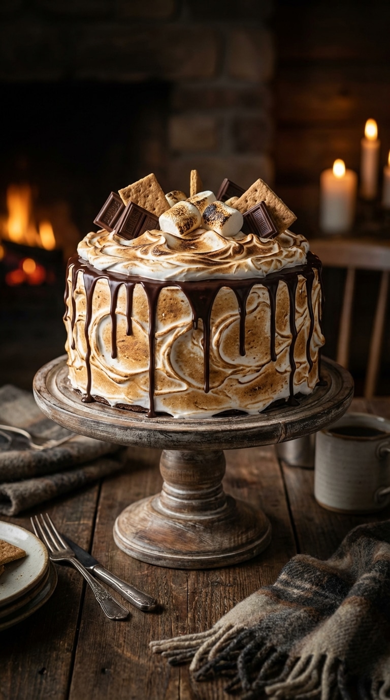 A whole toasted s'mores cake with charred marshmallow frosting and chocolate drip on a wooden stand.