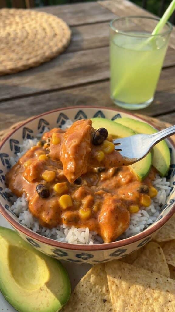 A close-up of a fork lifting a bite of creamy southwest chicken and rice from a bowl with avocado.