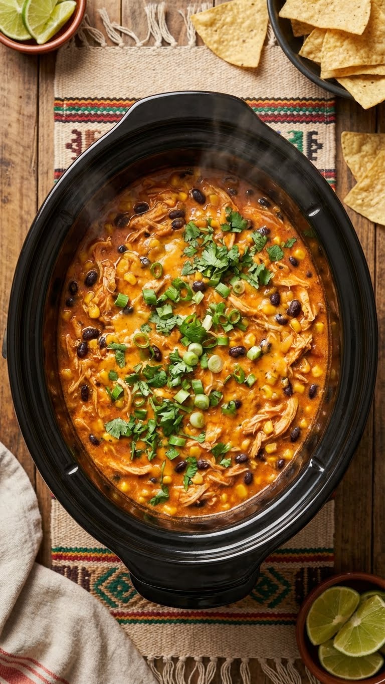A top-down view inside a slow cooker filled with creamy shredded chicken, corn, and black beans garnished with cilantro.