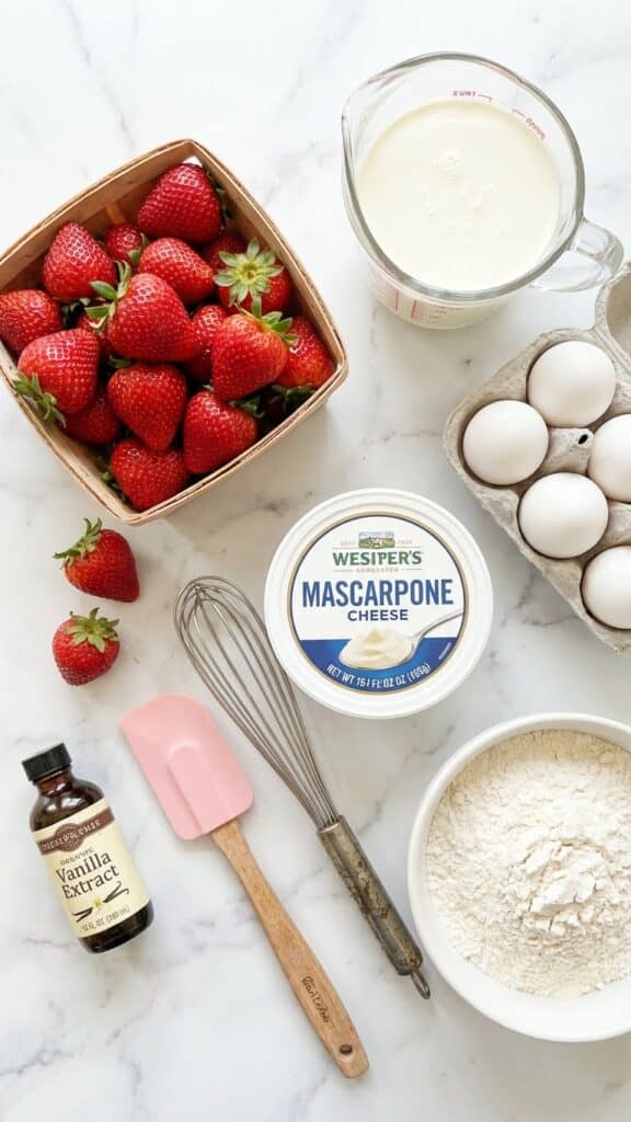 A sliced strawberry cupcake on a plate, showing diced strawberries baked inside the yellow cake.