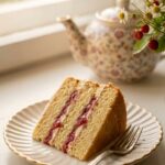A close-up of a slice of layered cake with strawberry filling on a vintage plate.