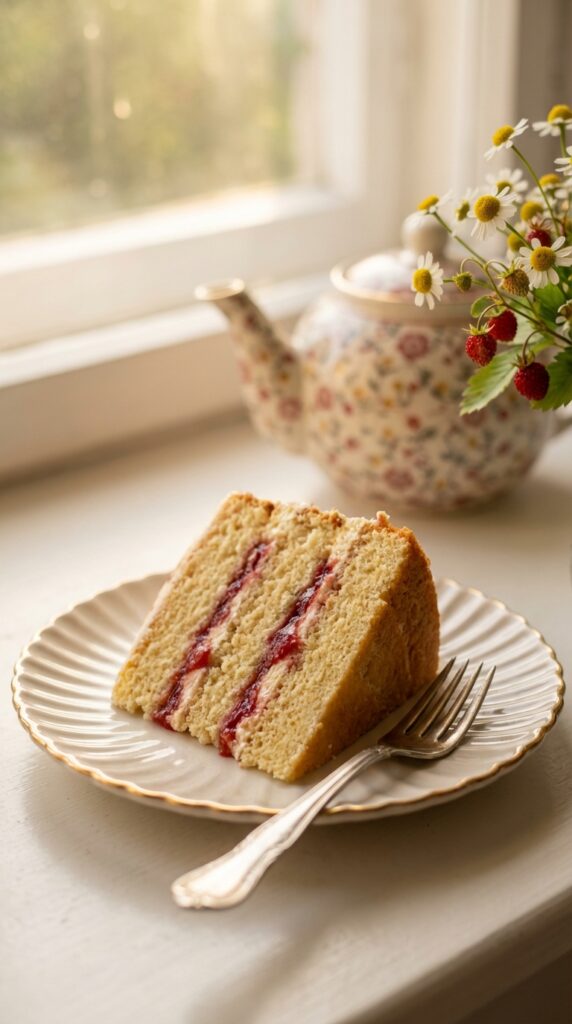 A close-up of a slice of layered cake with strawberry filling on a vintage plate.