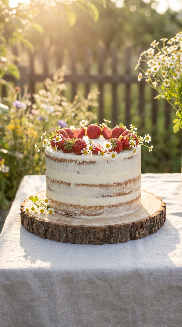 A rustic naked cake topped with fresh strawberries and chamomile flowers on a wooden stand in a garden setting.