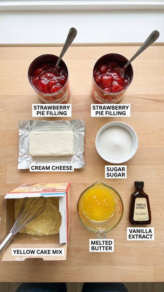 Overhead view of dump cake ingredients: cans of strawberry filling, a box of cake mix, cream cheese, melted butter, and sugar on a counter.