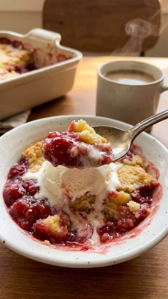 A close-up of a bowl containing a scoop of strawberry cheesecake dump cake topped with melting vanilla ice cream, with a spoon lifting a bite.