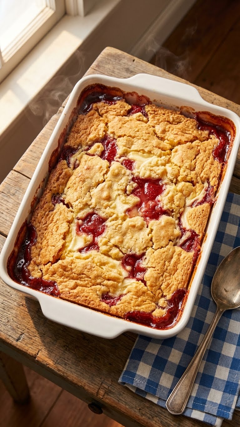 A bubbling 9x13 baking pan filled with golden-brown dump cake, showing swirls of red strawberry and white cream cheese filling breaking through the buttery crust.