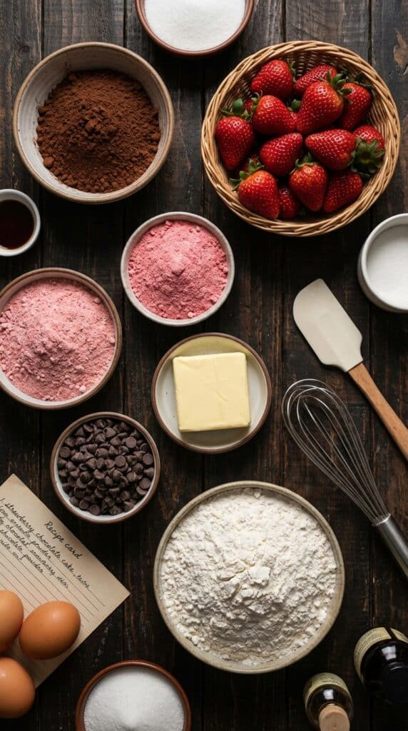 A flat lay showing cocoa powder, fresh strawberries, strawberry powder, butter, and chocolate chips on a wooden table.