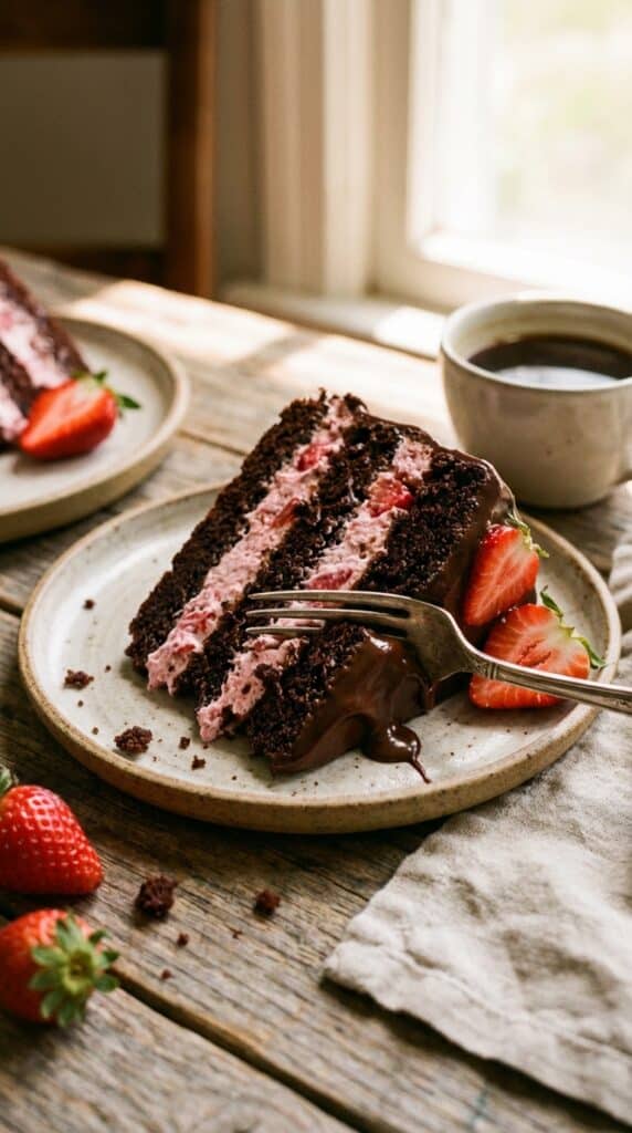 A close-up side view of a slice of chocolate cake showing the pink strawberry filling layers.