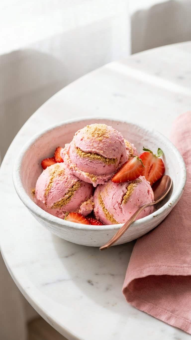 A bowl filled with scoops of pink strawberry ice cream topped with fresh berries and graham cracker crumbs.