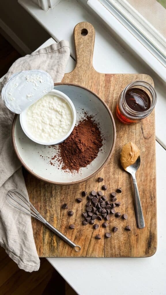 A flat lay showing cottage cheese, cocoa powder, chocolate chips, and maple syrup on a wooden board.