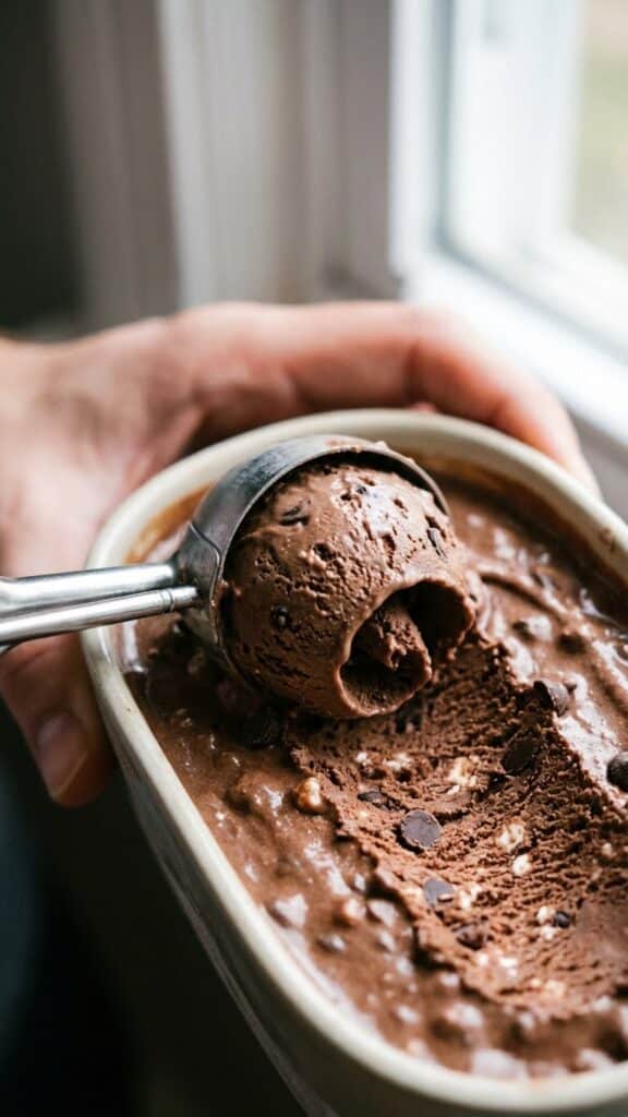 A close-up of an ice cream scoop curling a ball of chocolate cottage cheese ice cream, showing the creamy texture.