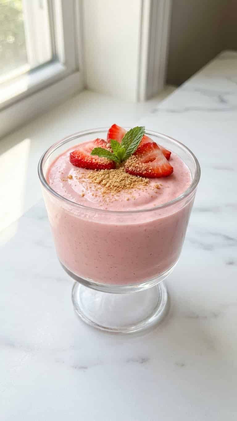 A glass cup filled with smooth, pink strawberry mousse topped with fresh berries and mint on a marble surface.